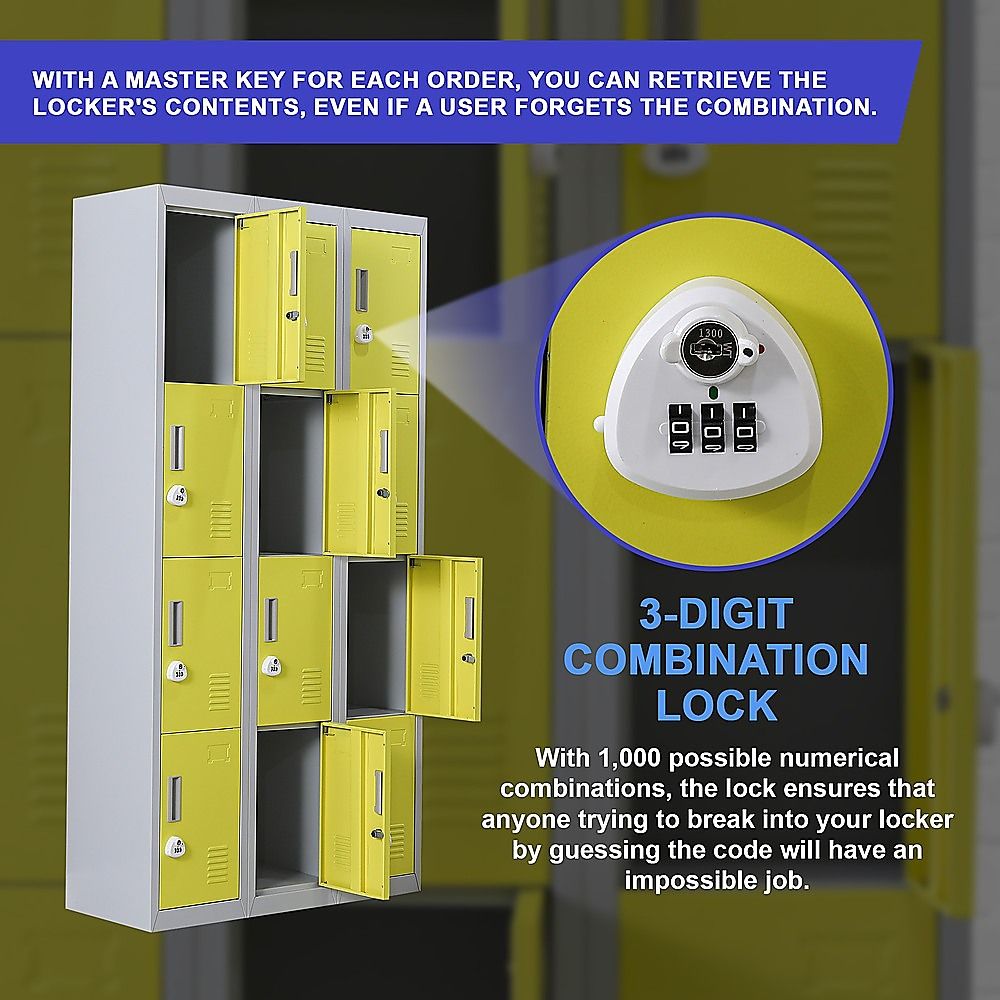 12-Door Steel Storage Locker with 3-Digit Combination Lock, Grey with Yellow