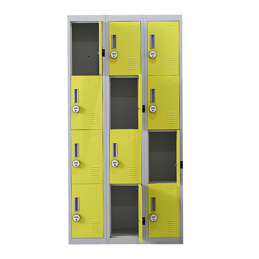12-Door Steel Storage Locker with 4-Digit Combination Lock, Grey with Yellow