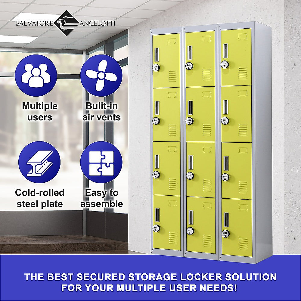 12-Door Steel Storage Locker with 4-Digit Combination Lock, Grey with Yellow
