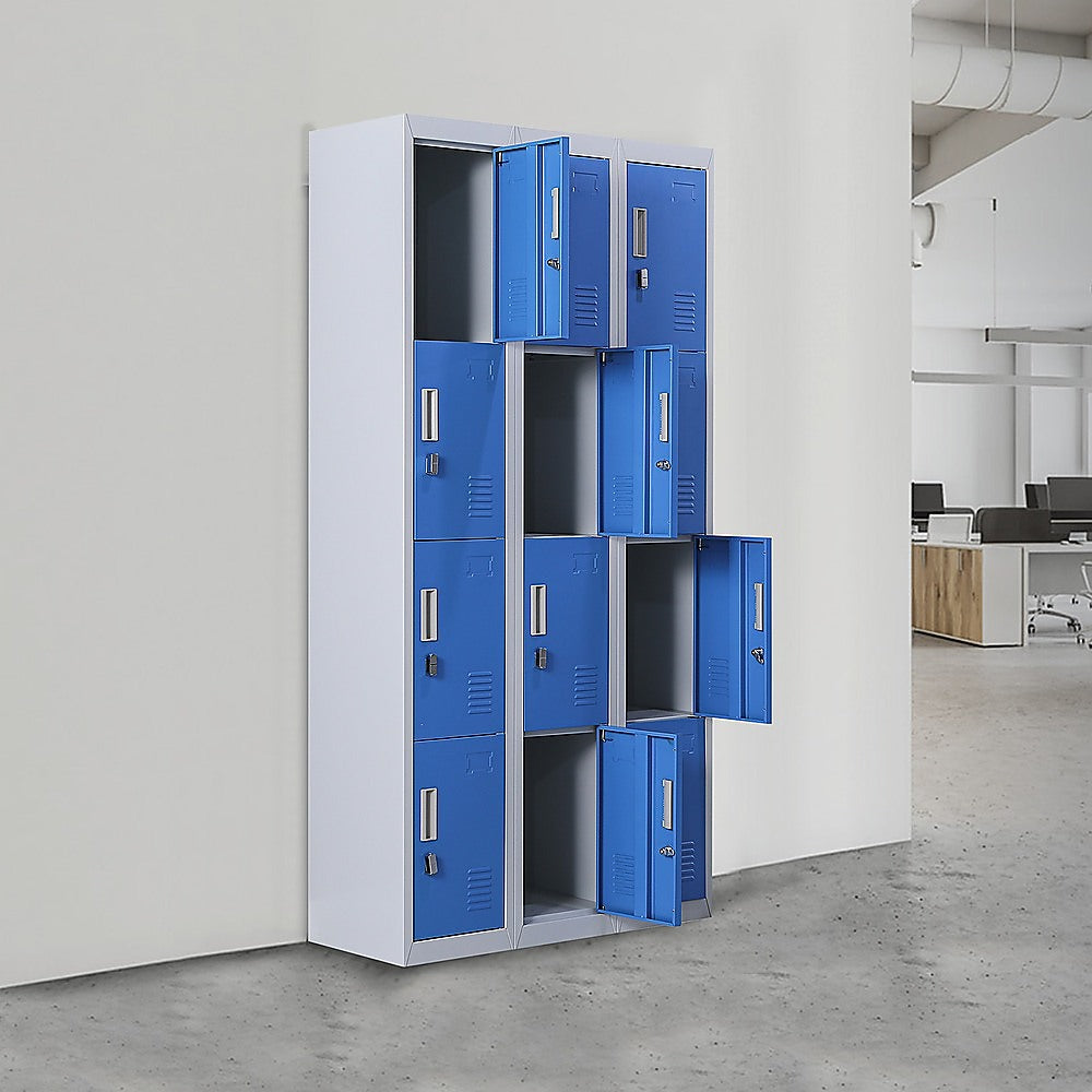 12-Door Steel Storage Locker, Grey with Blue Doors - image 2