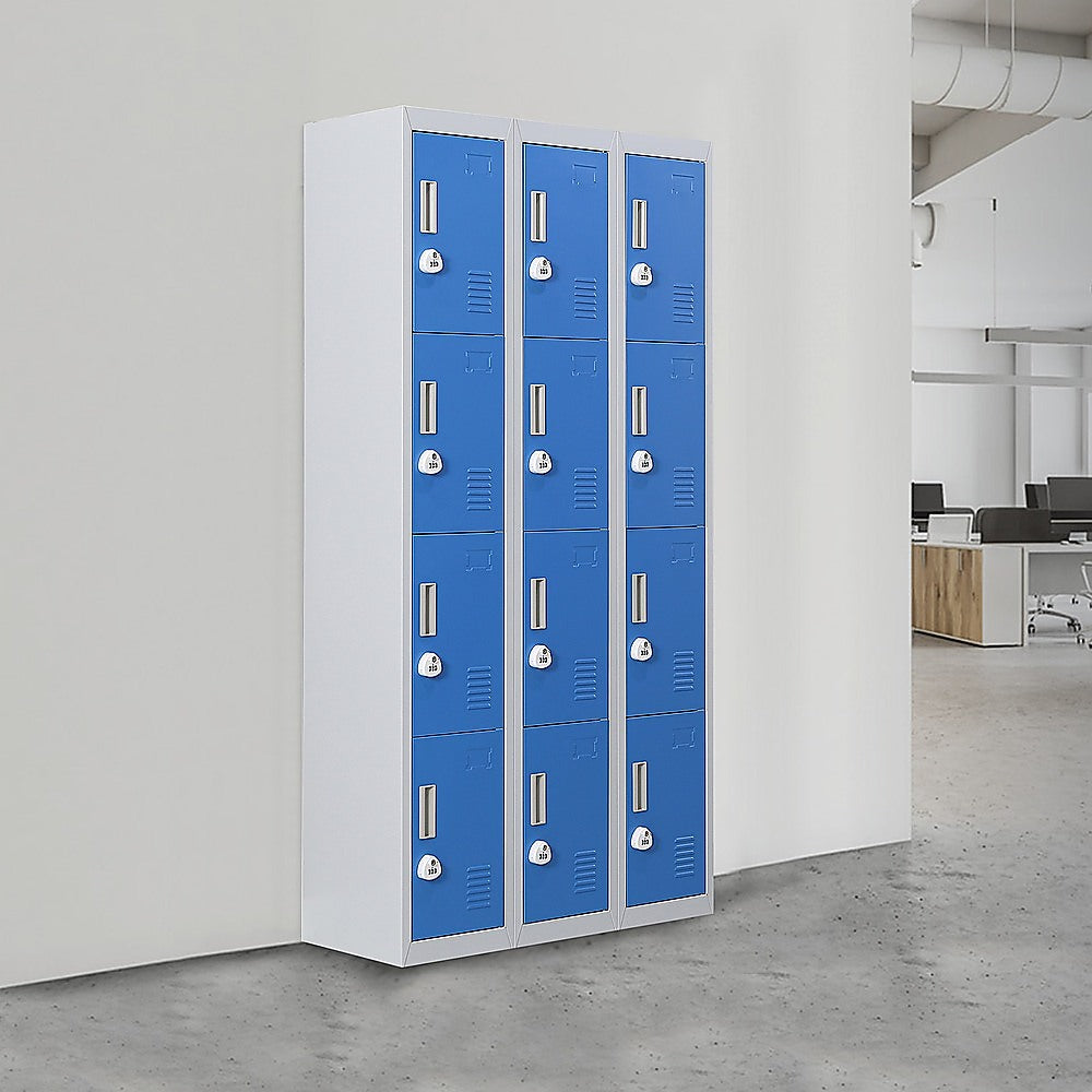 12-Door Steel Storage Locker with 3-Digit Combination Lock, Grey with Blue