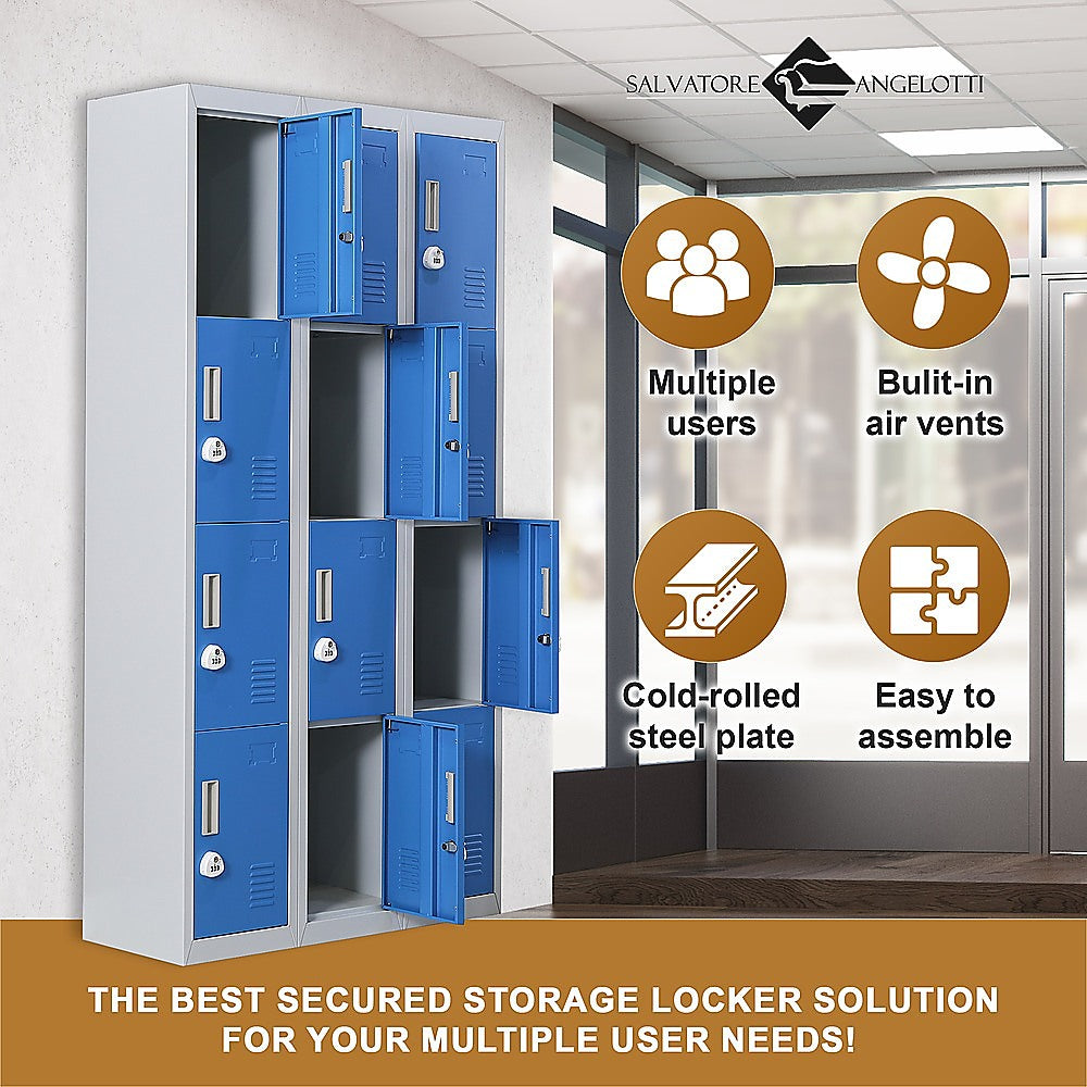 12-Door Steel Storage Locker with 3-Digit Combination Lock, Grey with Blue