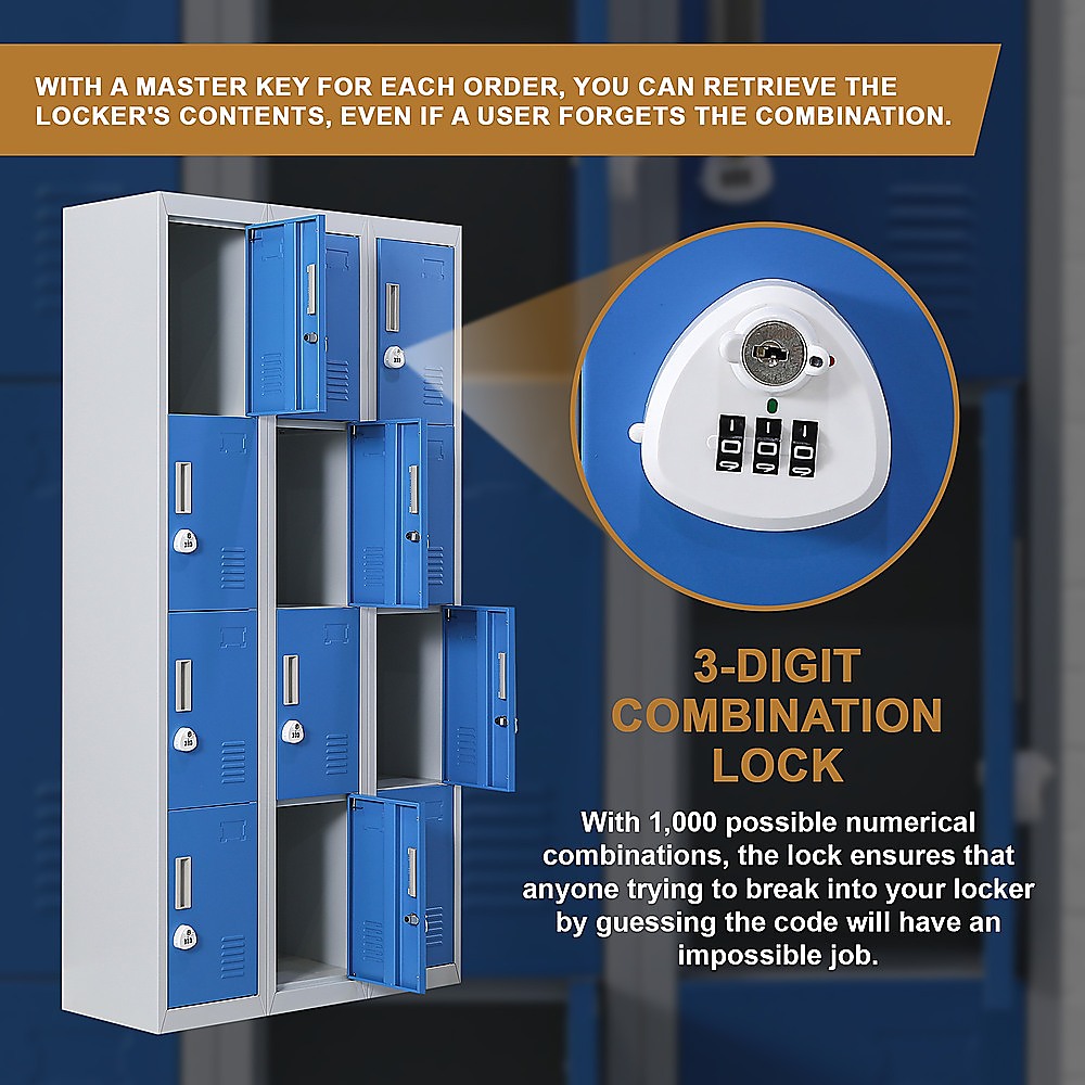 12-Door Steel Storage Locker with 3-Digit Combination Lock, Grey with Blue