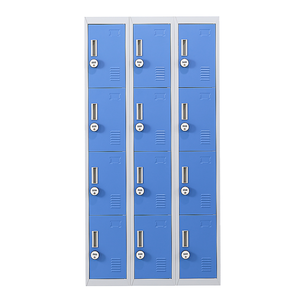 12-Door Steel Storage Locker with 4-Digit Combination Lock, Grey with Blue