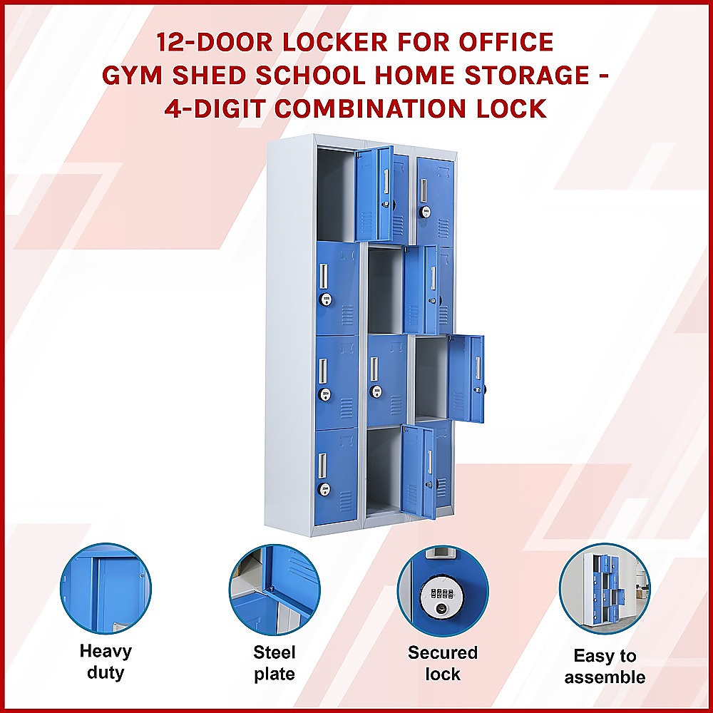 12-Door Steel Storage Locker with 4-Digit Combination Lock, Grey with Blue