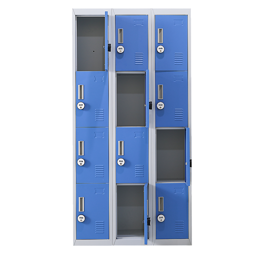 12-Door Steel Storage Locker with 4-Digit Combination Lock, Grey with Blue