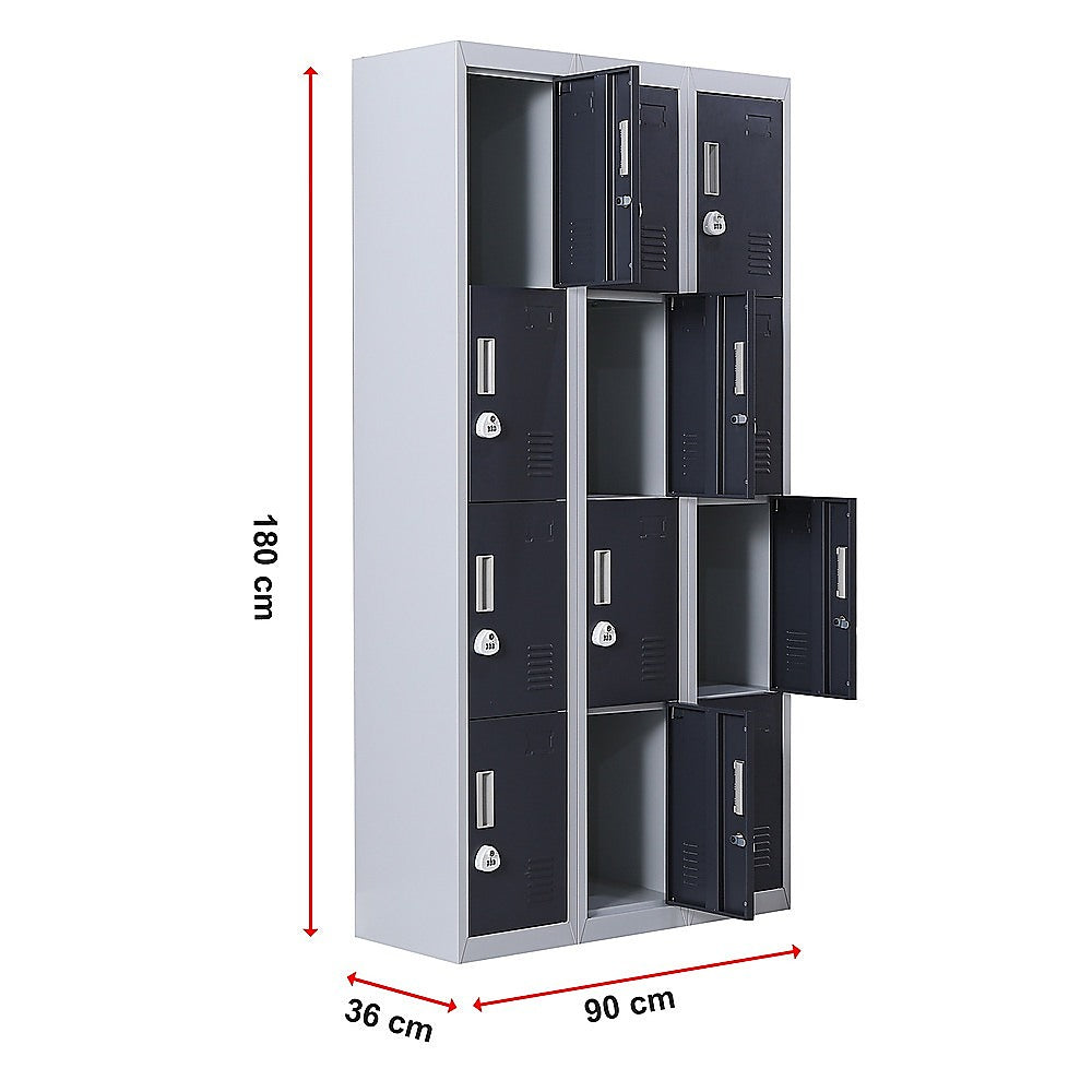12-Door Steel Storage Locker with 3-Digit Combination Lock, Grey with Charcoal