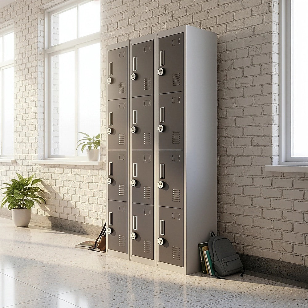 12-Door Steel Storage Locker with 4-Digit Combination Lock, Grey with Charcoal