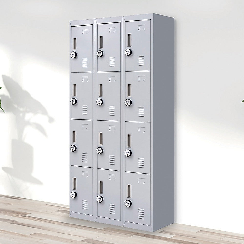 12-Door Steel Storage Locker with 4-Digit Combination Lock, Grey