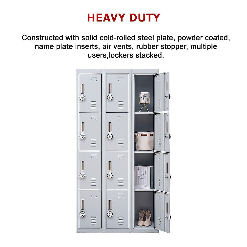 12-Door Steel Storage Locker with 4-Digit Combination Lock, Grey