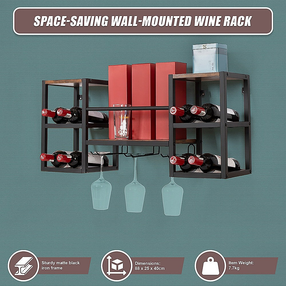 Wall mounted wine rack for 16 bottles with stemware holder and wood shelf