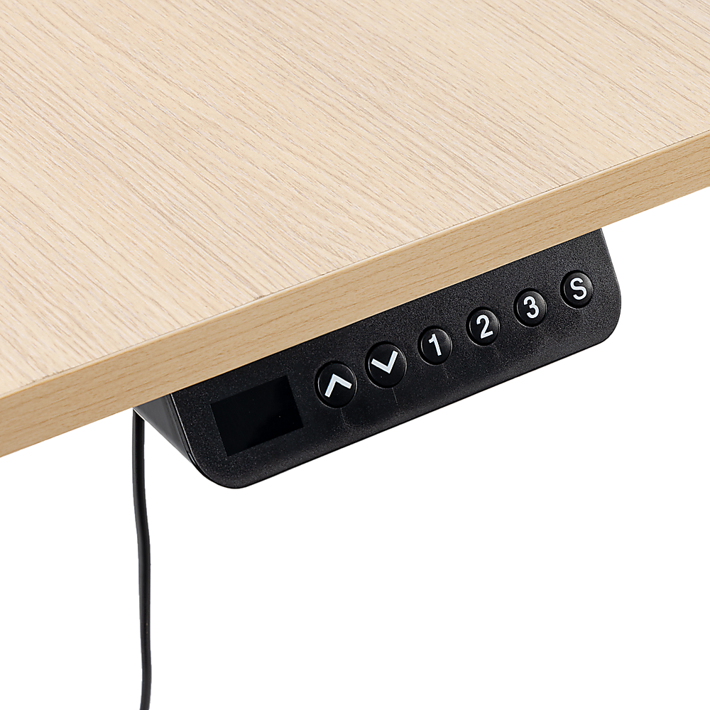 Hackett light birchwood standing desk in a home office