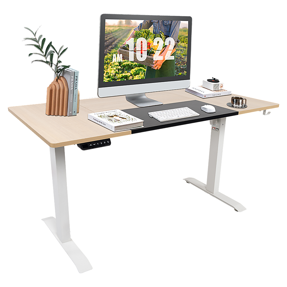 Hackett light birchwood standing desk in a home office