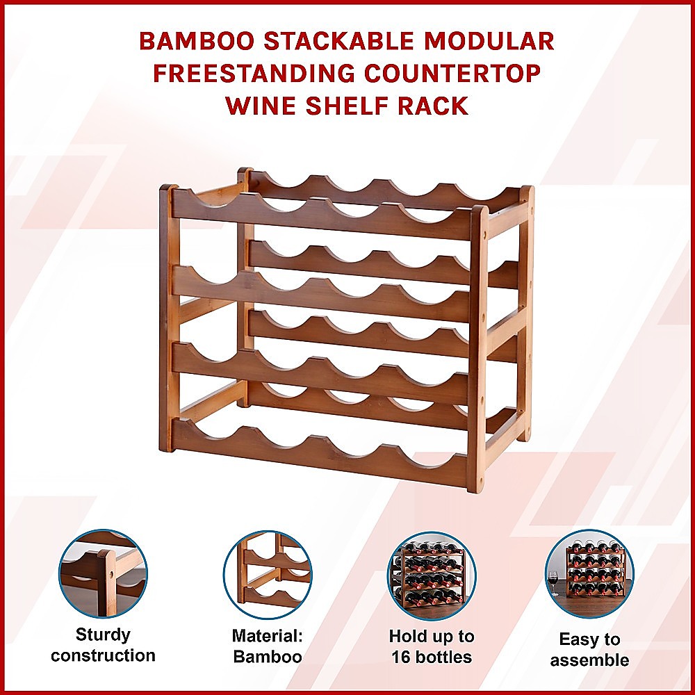 Bamboo Wine Rack Stackable Countertop 16 Bottle Natural view 3
