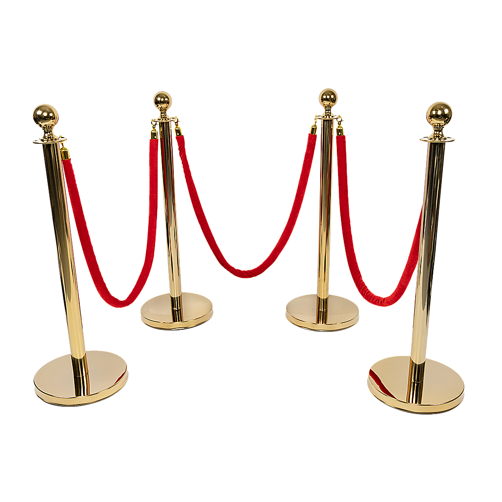 Gold crowd control queue barrier set with velvet ropes, view 1