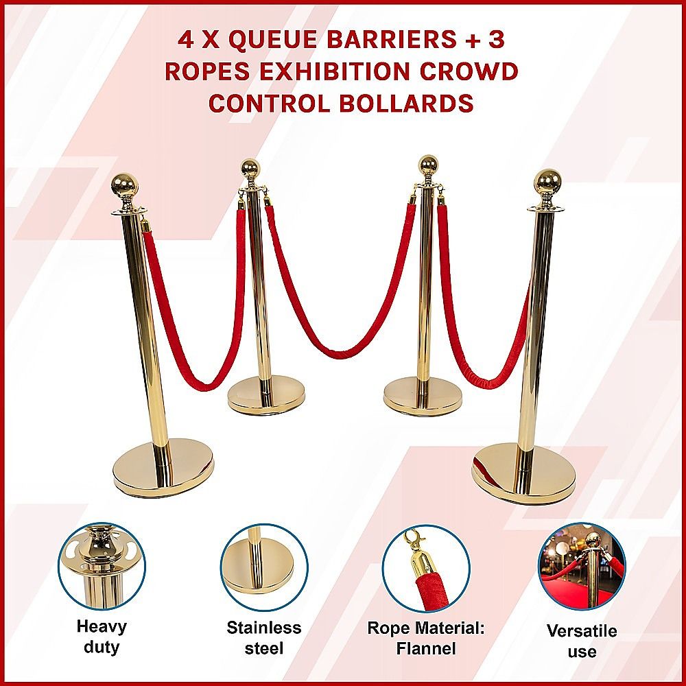 Gold crowd control queue barrier set with velvet ropes, view 3