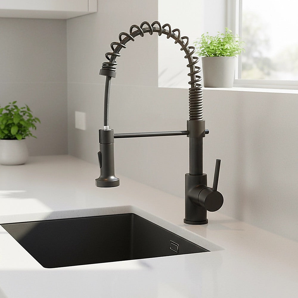 Compact solid brass pull out kitchen mixer tap in black