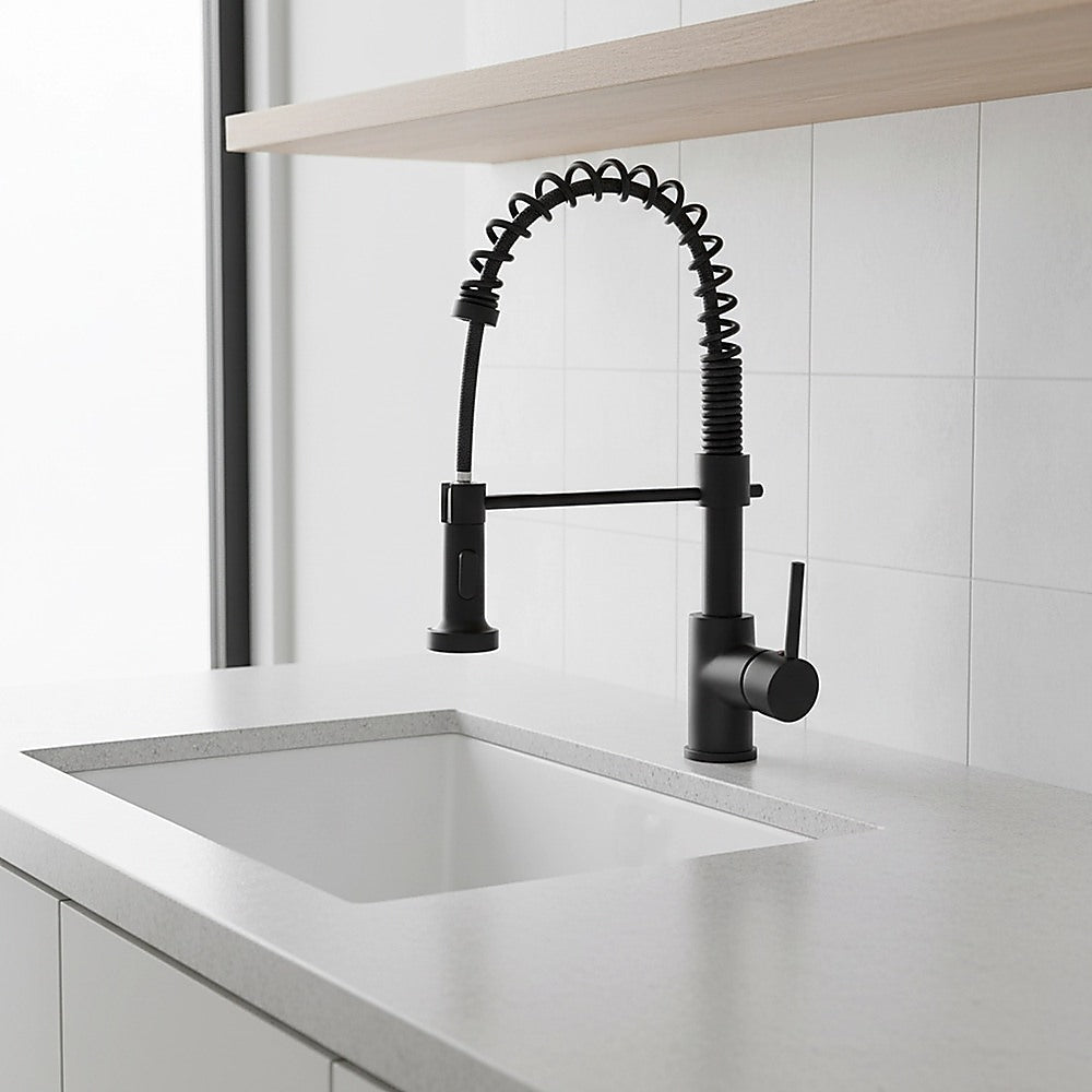 Compact solid brass pull out kitchen mixer tap in black