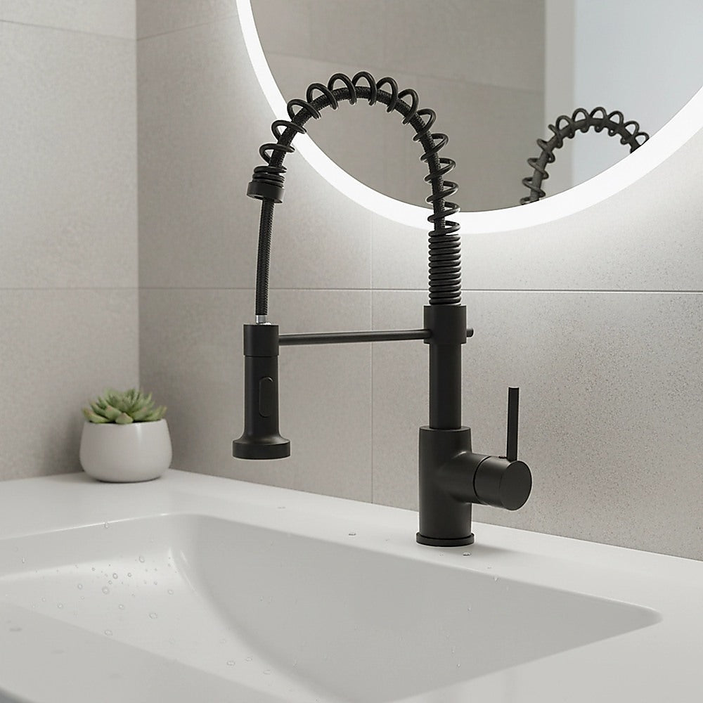 Compact solid brass pull out kitchen mixer tap in black