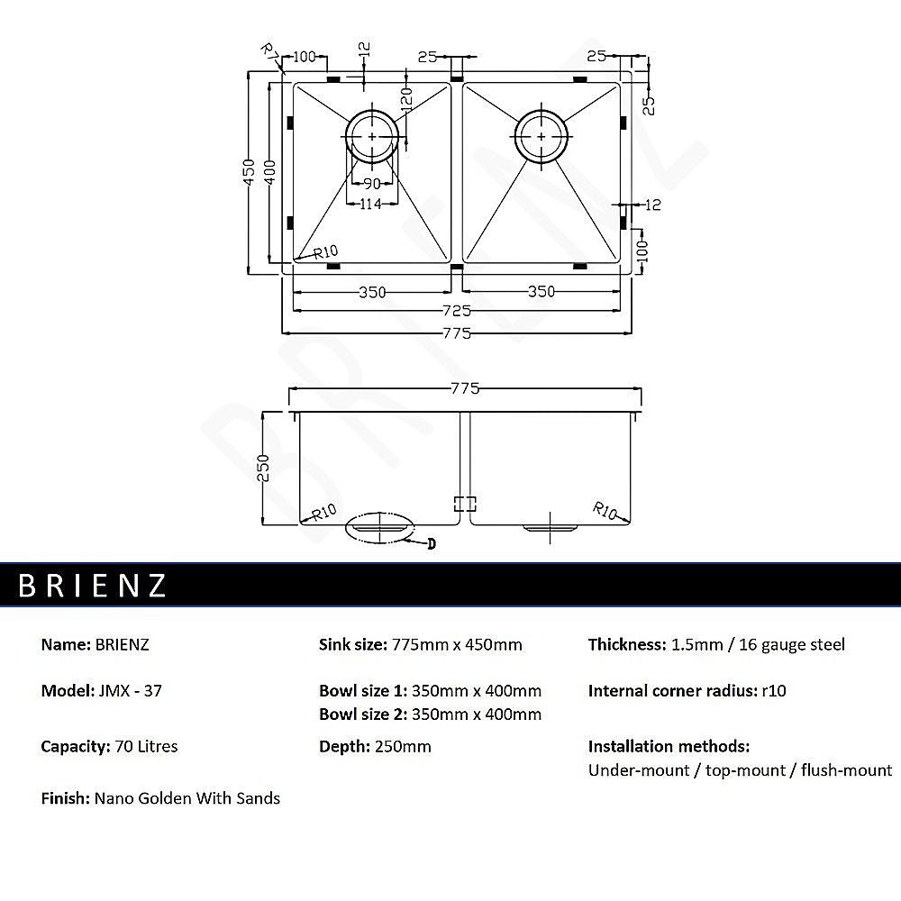 Handmade stainless steel kitchen and laundry sink 775x450mm