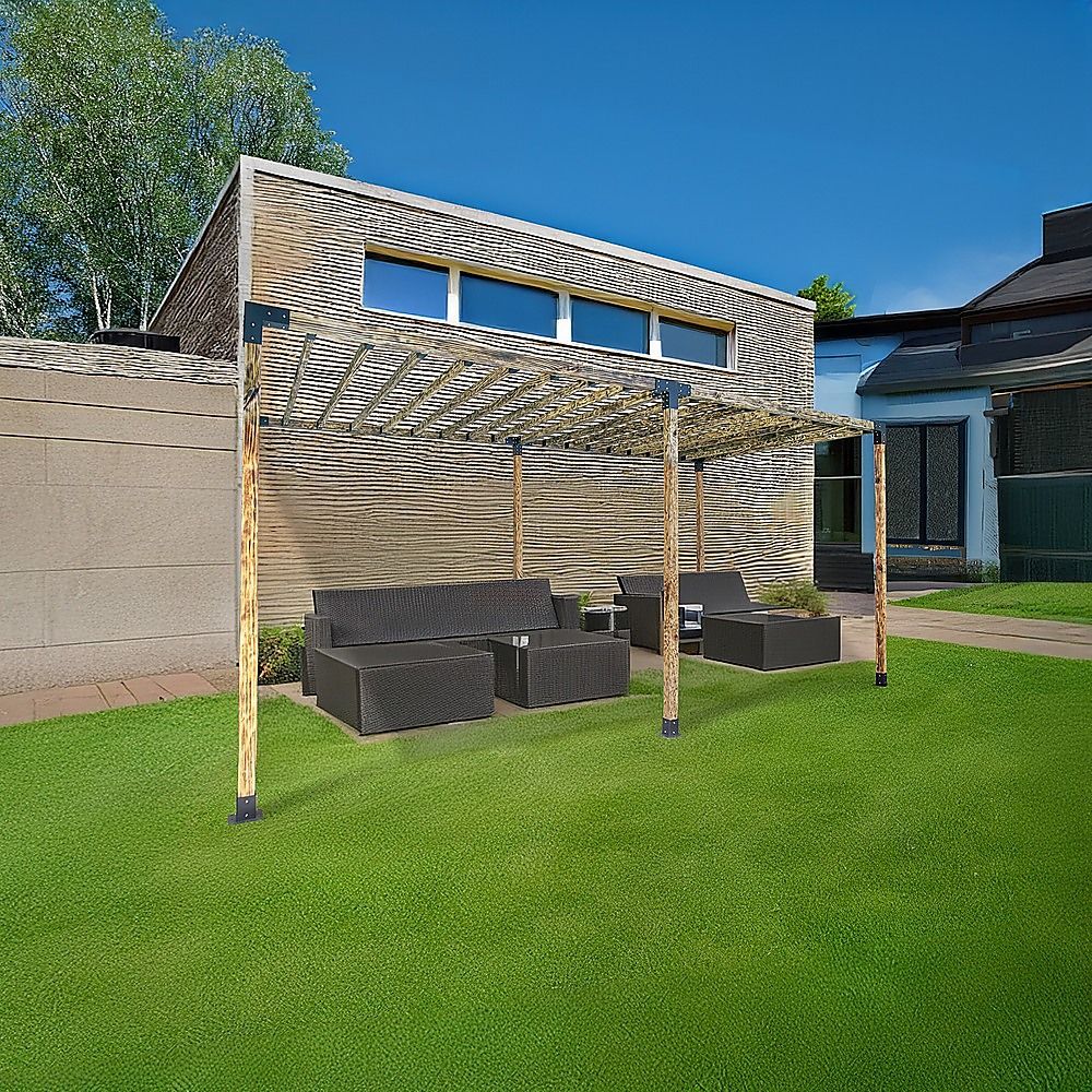 Forty four piece pergola bracket kit laid out with screws, bolts and sockets