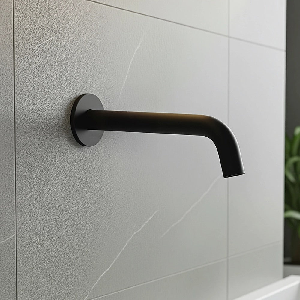Matte black 220mm bath spout, angled view