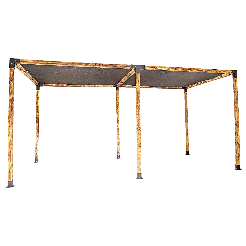 Large timber pergola built with twelve matte black brackets and two black screens