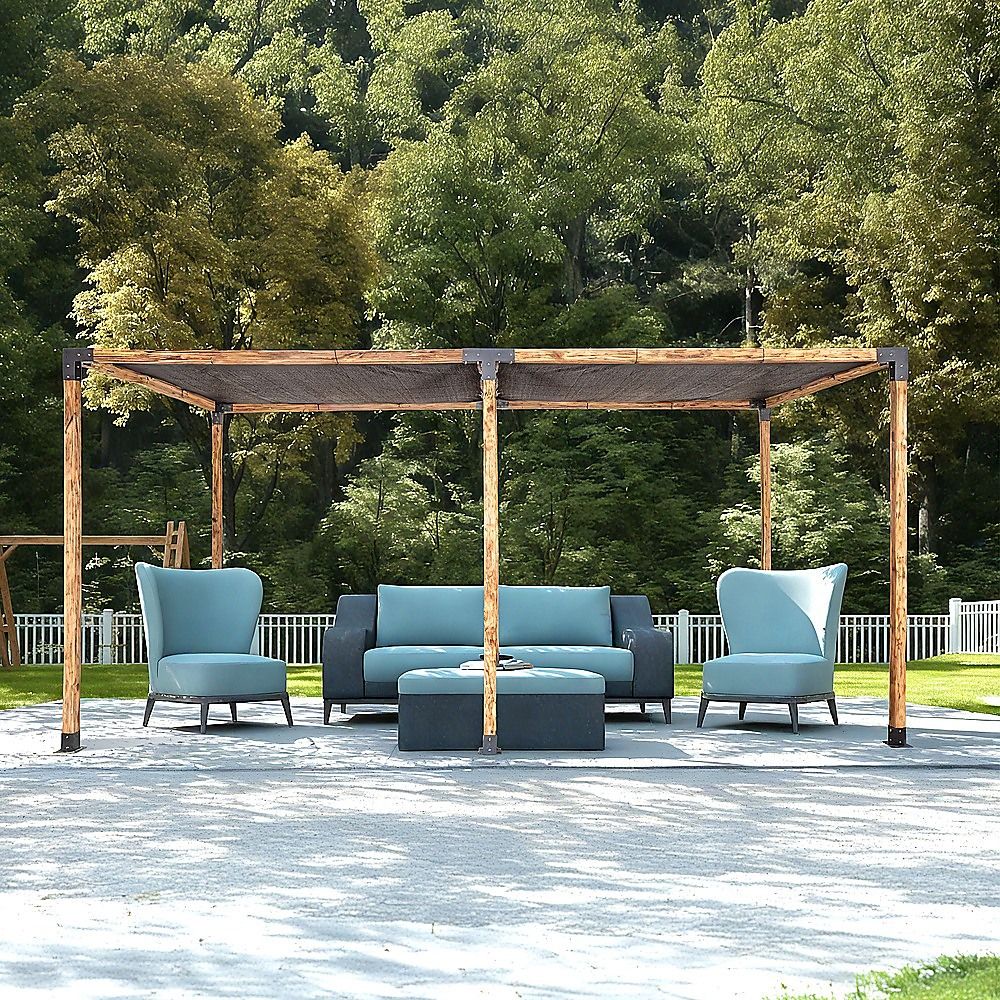 Twelve piece pergola bracket kit laid out with screws, anchor bolts and sockets