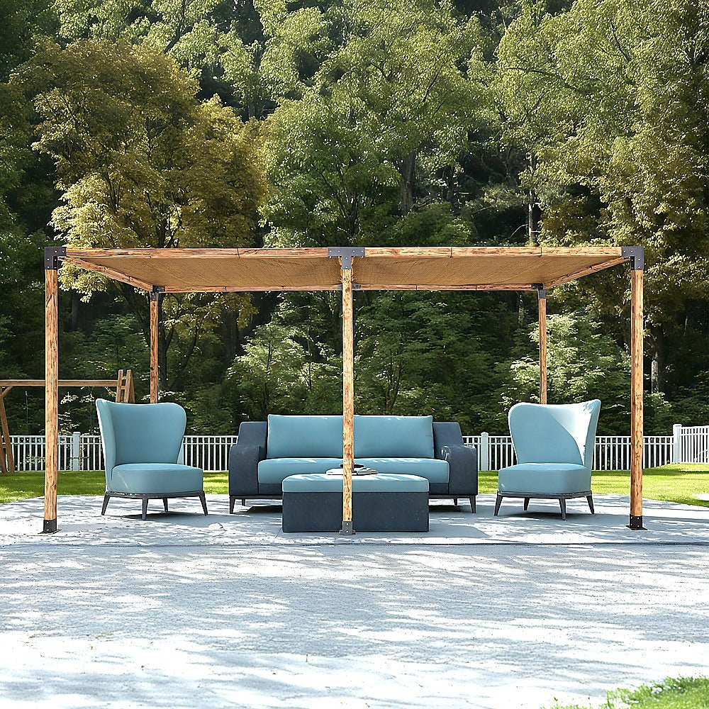 Twelve piece pergola bracket kit laid out with screws, bolts and sockets