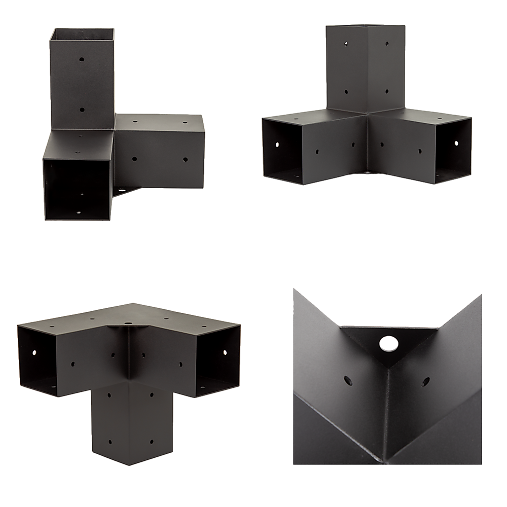 Detail of the matte black finish on a steel pergola corner bracket