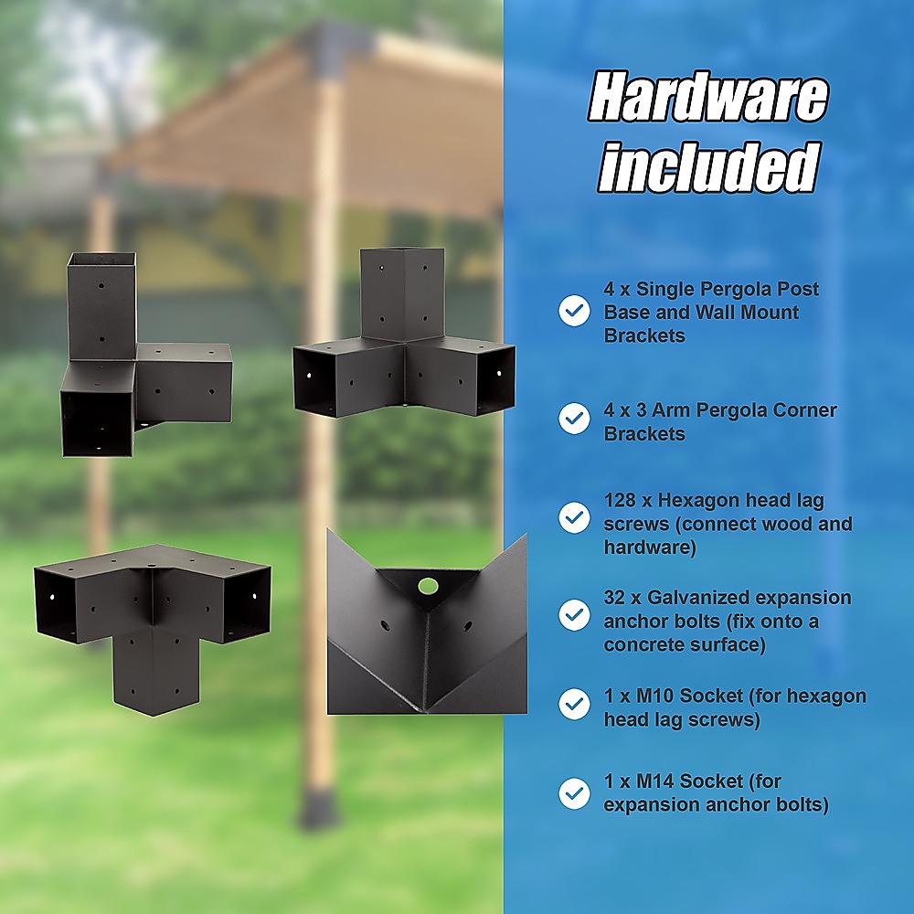 Detail of the matte black finish on a steel pergola corner bracket