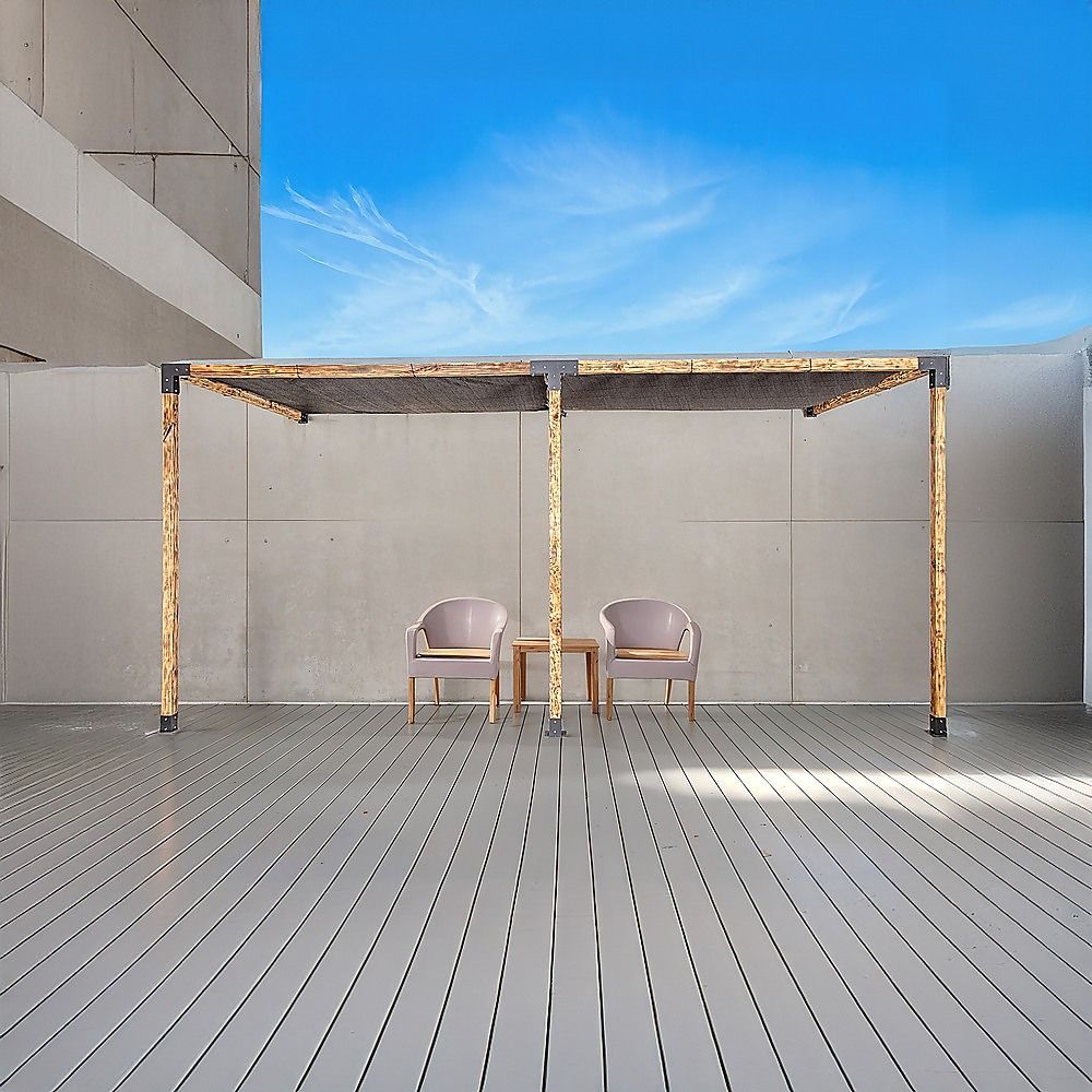 Nine piece pergola bracket kit laid out with screws, anchor bolts and sockets
