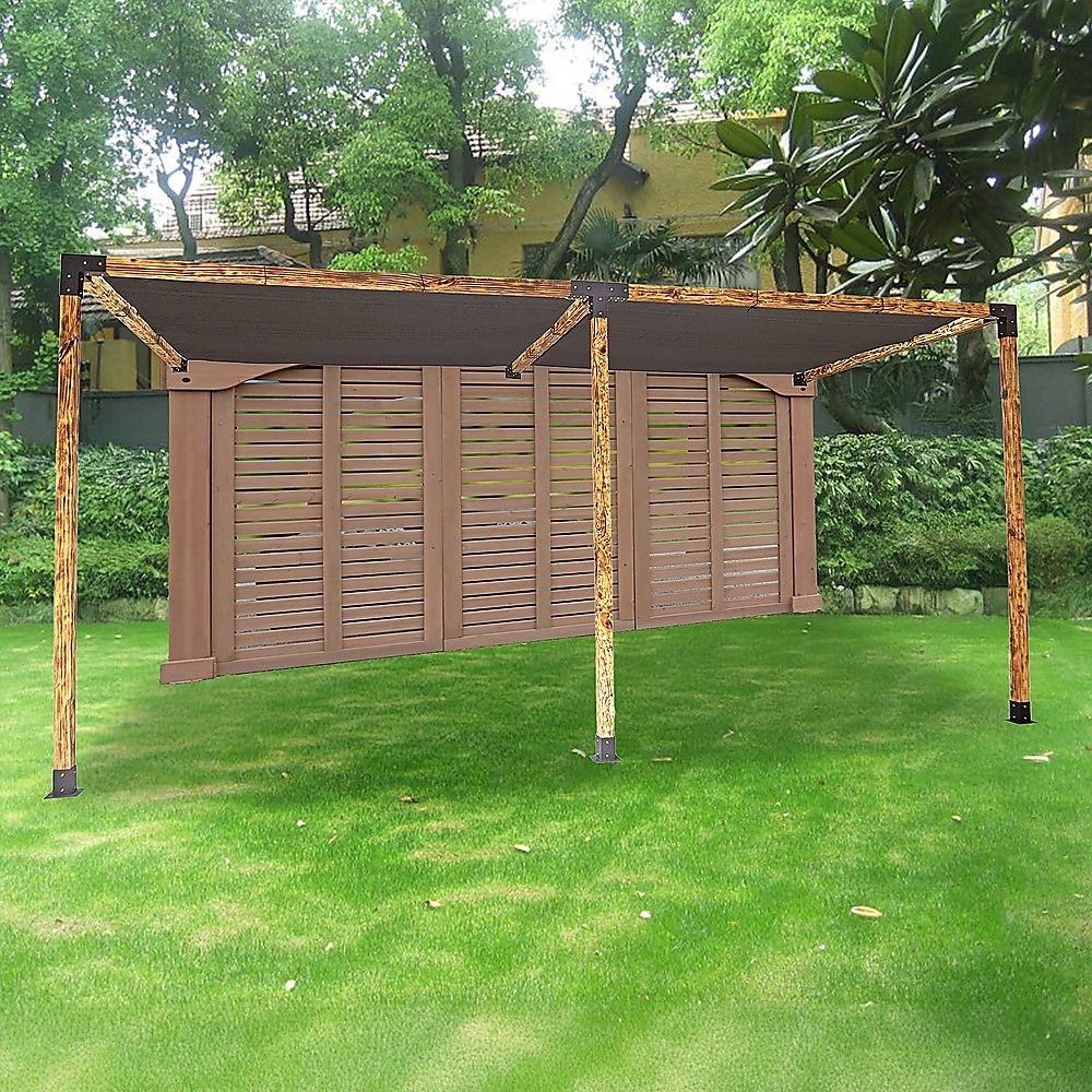 Two black sunshade screens of 3 x 3 m fitted over the pergola roof frame