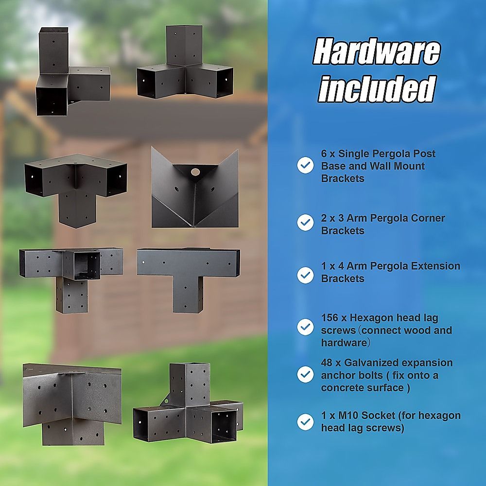 Detail of the matte black finish on a steel wall mount pergola bracket
