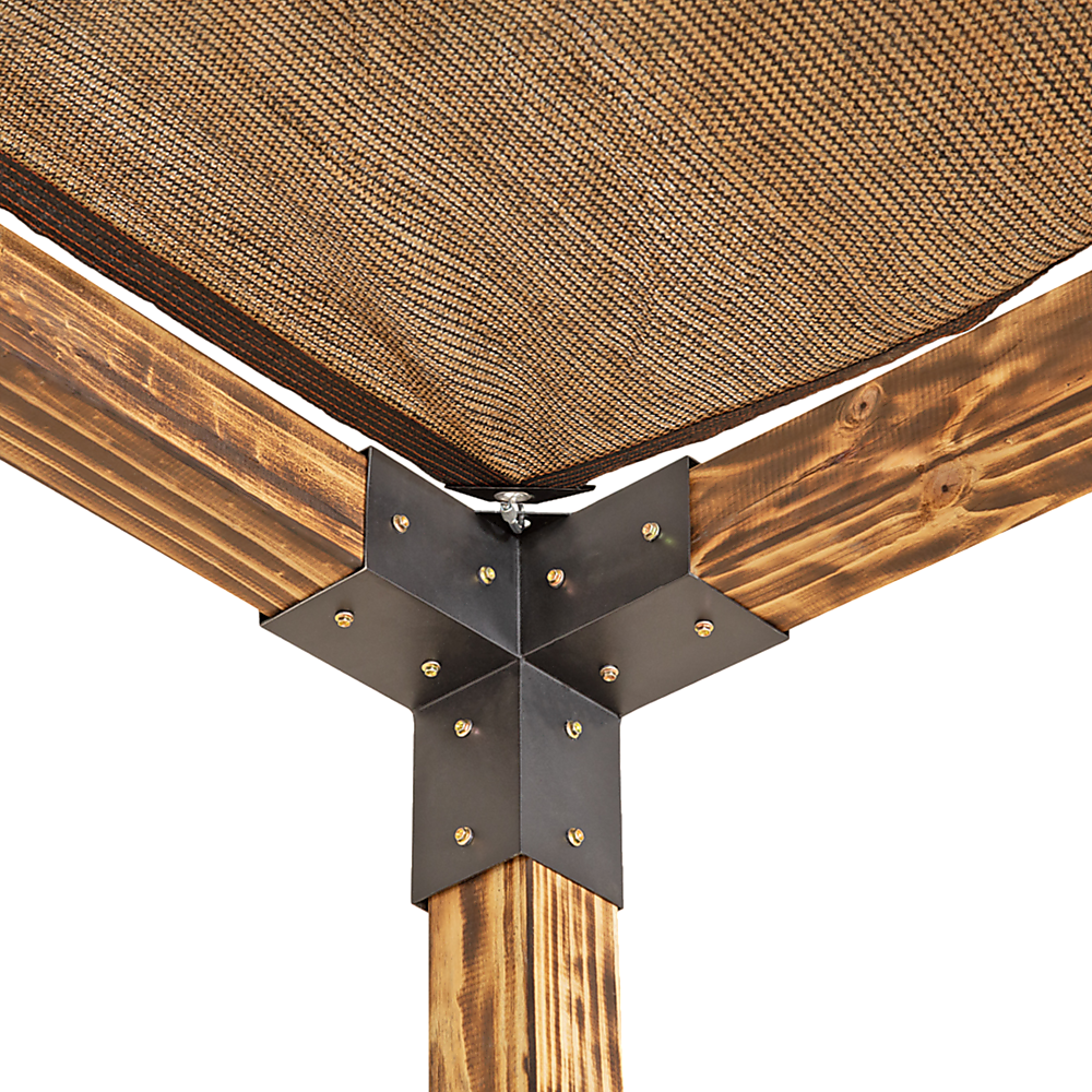 Post base bracket anchored to a concrete surface beneath a timber post