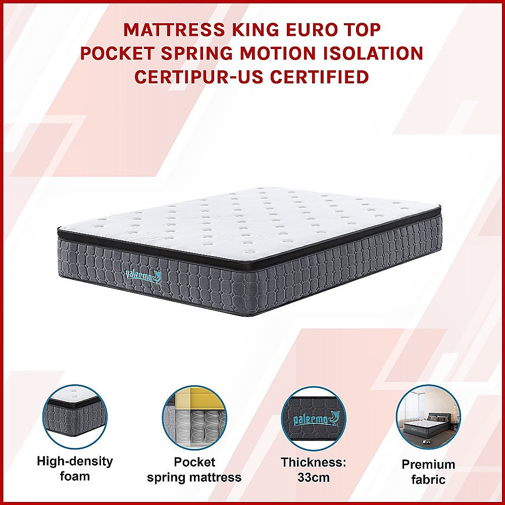Euro top pocket spring mattress with CertiPUR-US foam, 33cm King