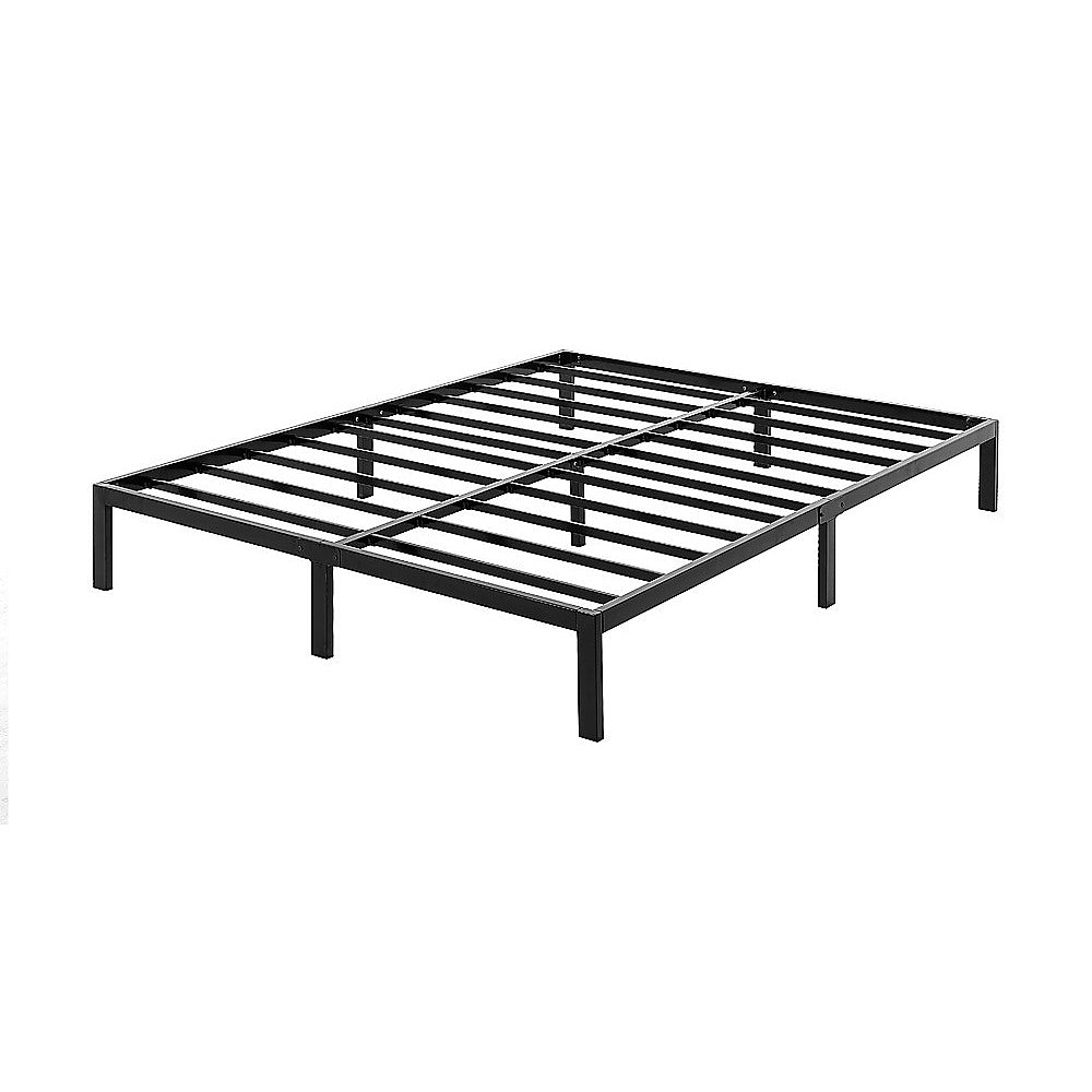 Queen full metal bed base styled in bedroom — Allure Home Collections