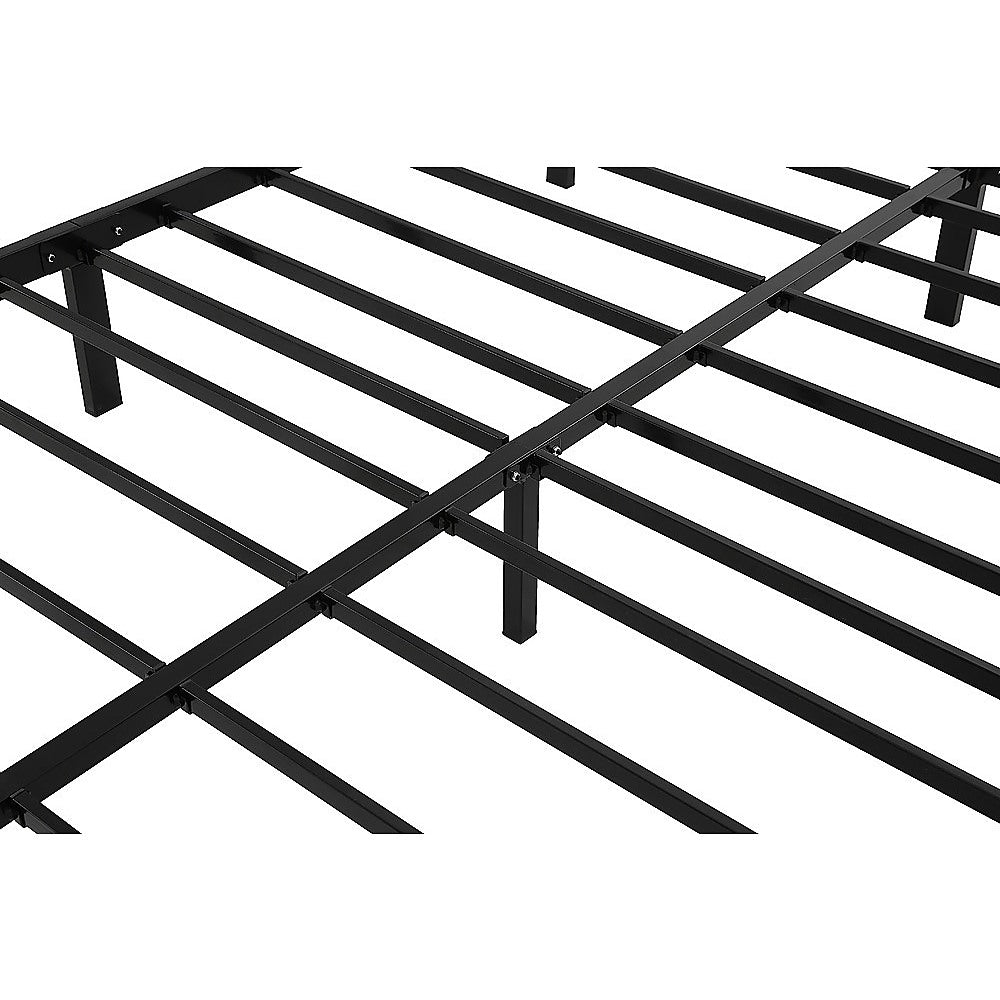 King single metal bed base styled in bedroom — Allure Home Collections