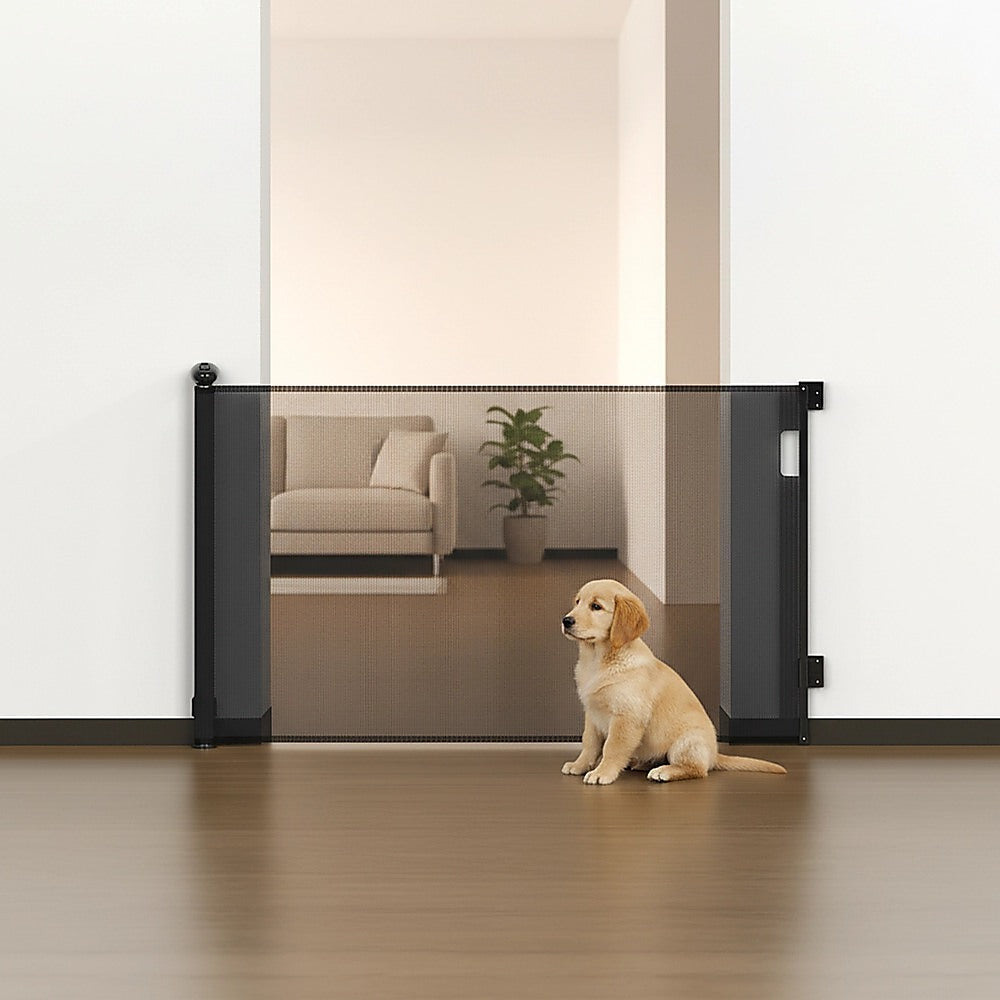Retractable mesh baby safety gate in black