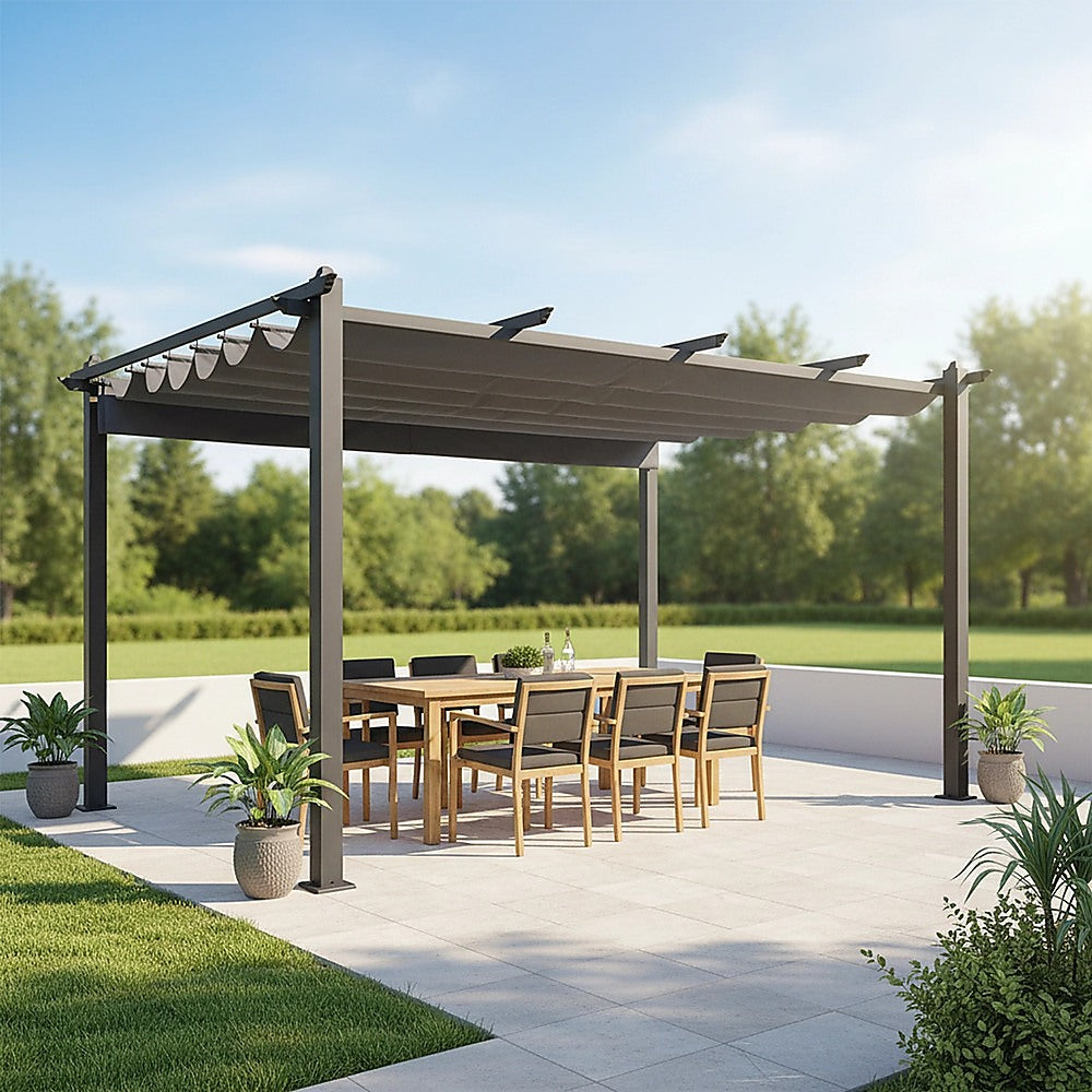 Aluminium pergola shown from the front with the slanted roof extended