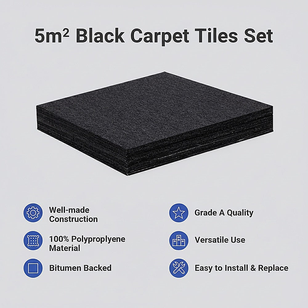 Zahara Carpet Tiles, 50 x 50cm, Black, 20pcs