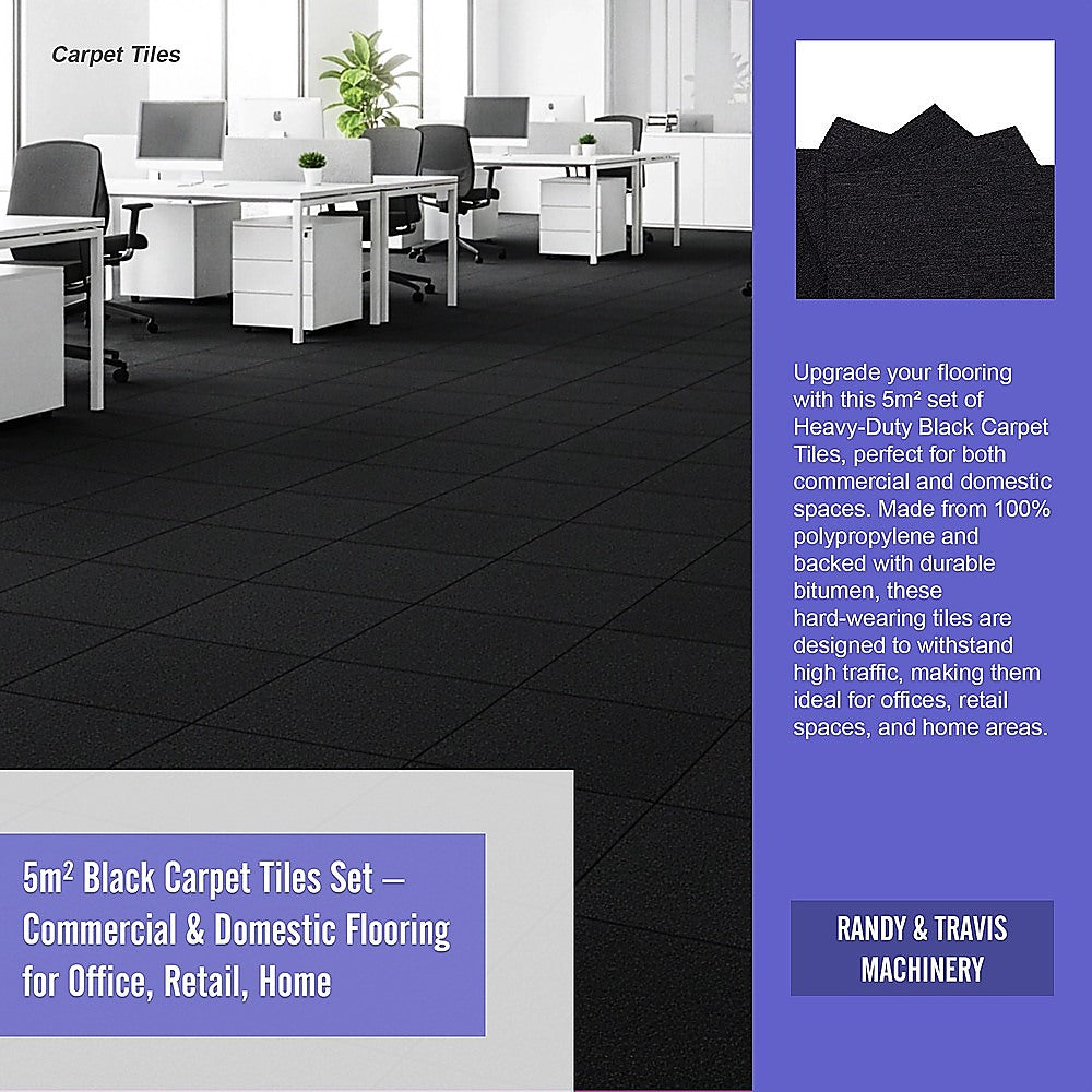 Zahara Carpet Tiles, 50 x 50cm, Black, 20pcs
