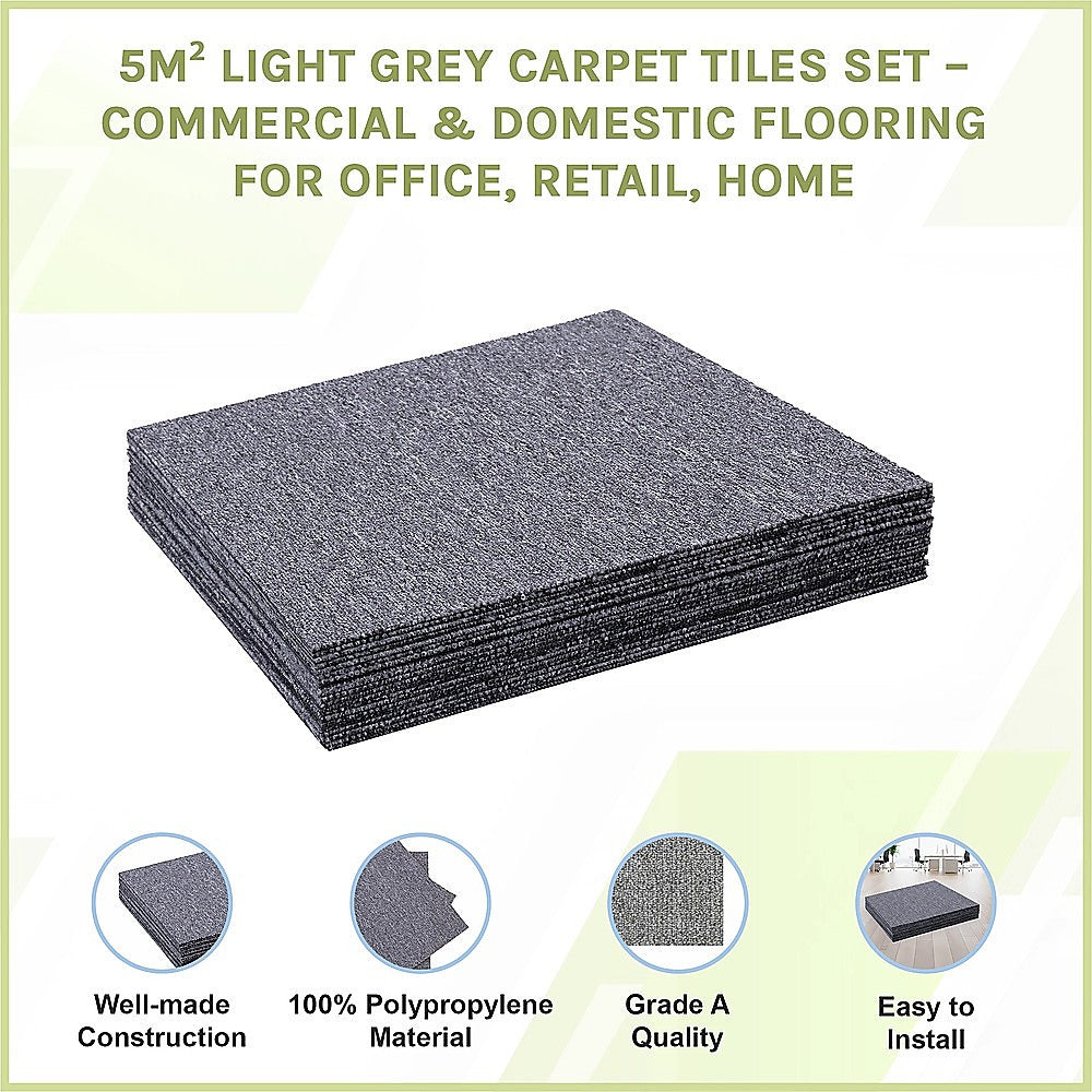 Zahara Carpet Tiles, 50 x 50cm, Light Grey, 20pcs