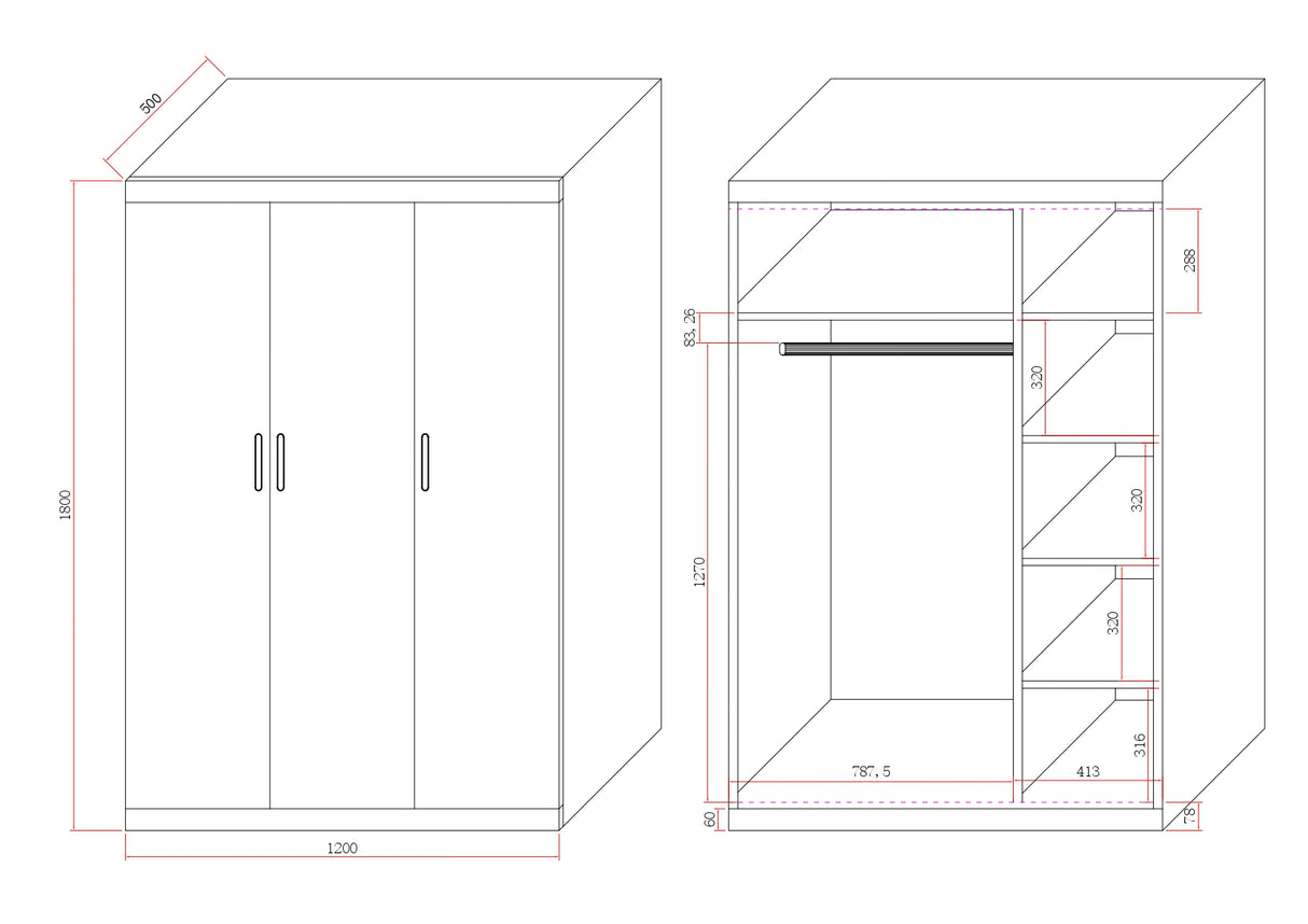 Elegant White Gloss 3-Door Wardrobe with Shelves