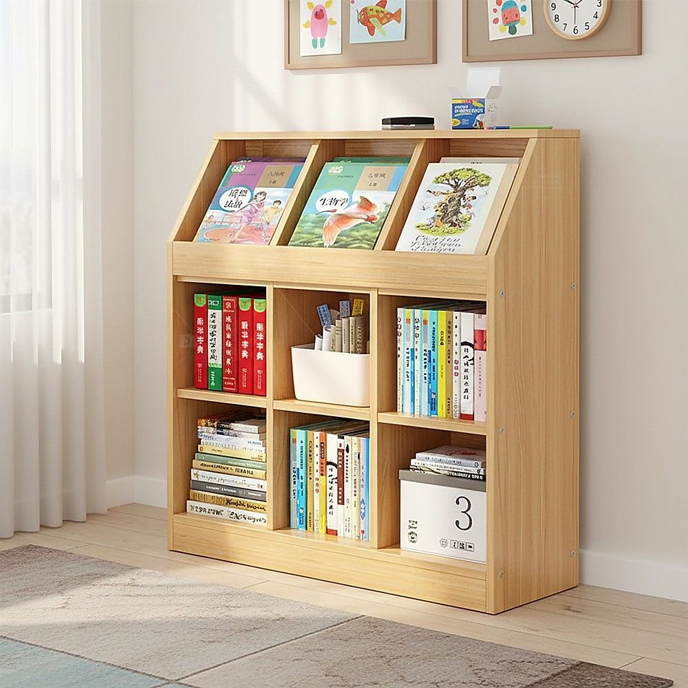 Light oak slanted top bookcase with open shelves