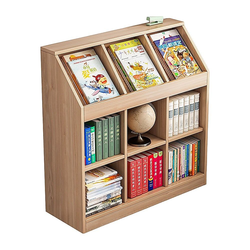 Light oak slanted top bookcase with open shelves