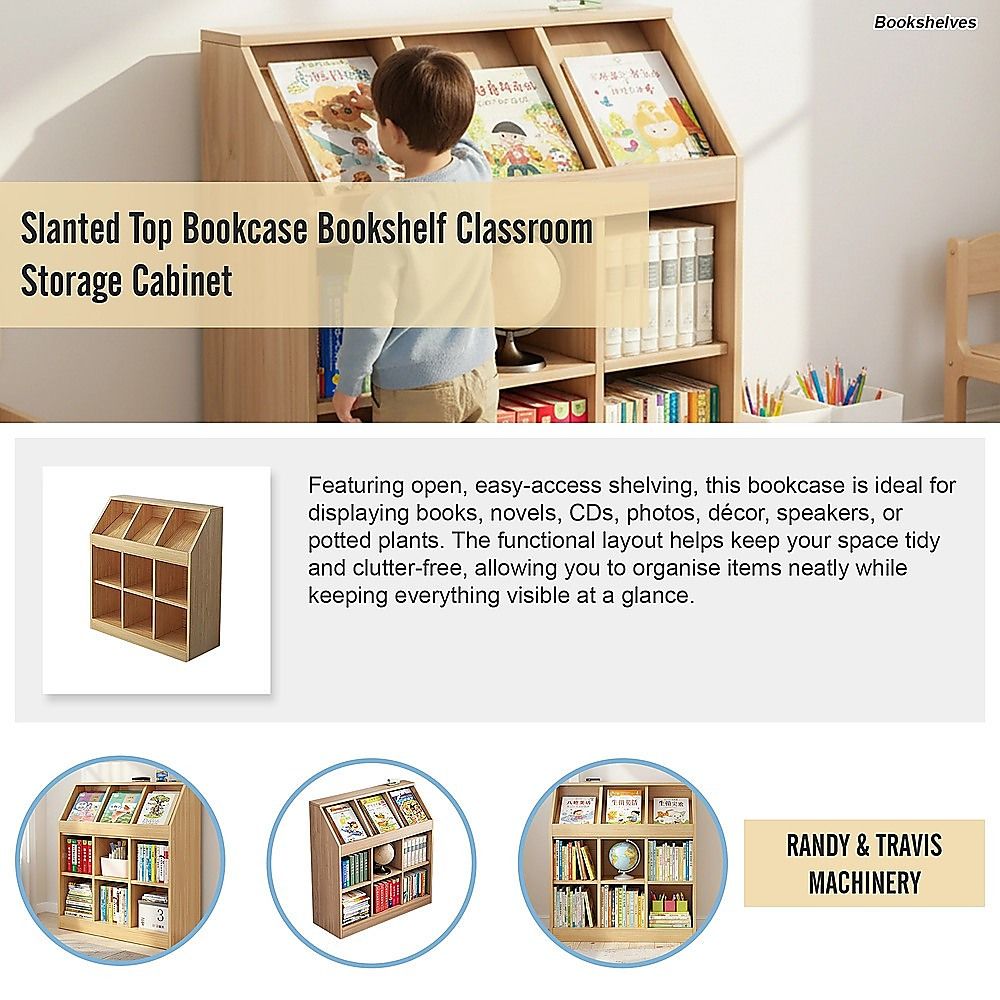 Light oak slanted top bookcase with open shelves