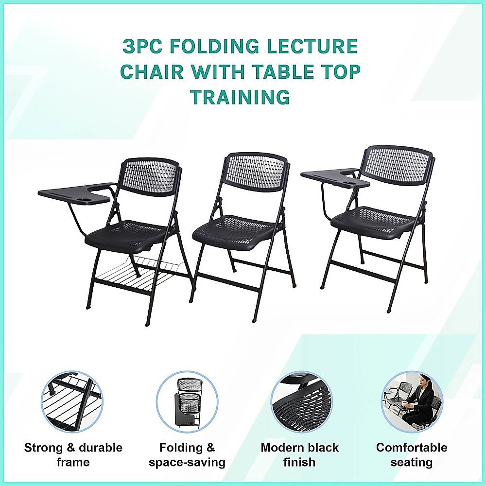 Nannup black folding lecture chair with writing tablet