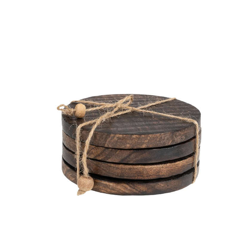 Handcrafted Burnt Finish 4pc Coaster Set w Tie 10cm