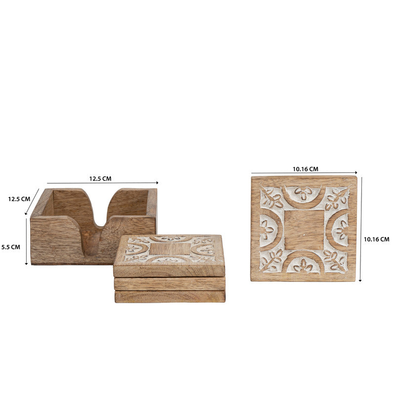 Handcrafted Carved 4pc Coaster Set in Holder 13cm